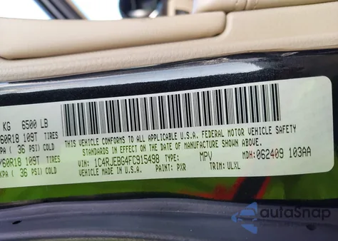 2015 Jeep Grand Cherokee Limited z USA, uszkodzony, nr VIN 1C4RJEBG4FC915498